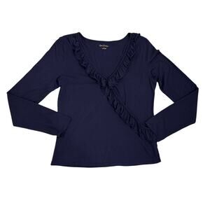 Lilly Pulitzer Loreda Ruffle Wrap Navy Blue Long Sleeve Shirt Size Women's Large